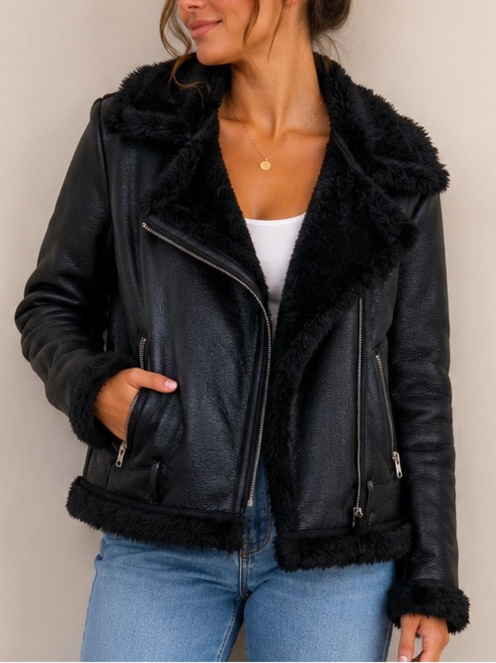 PrettyLittleThing Faux Leather Shearling Biker Jacket Black XS
